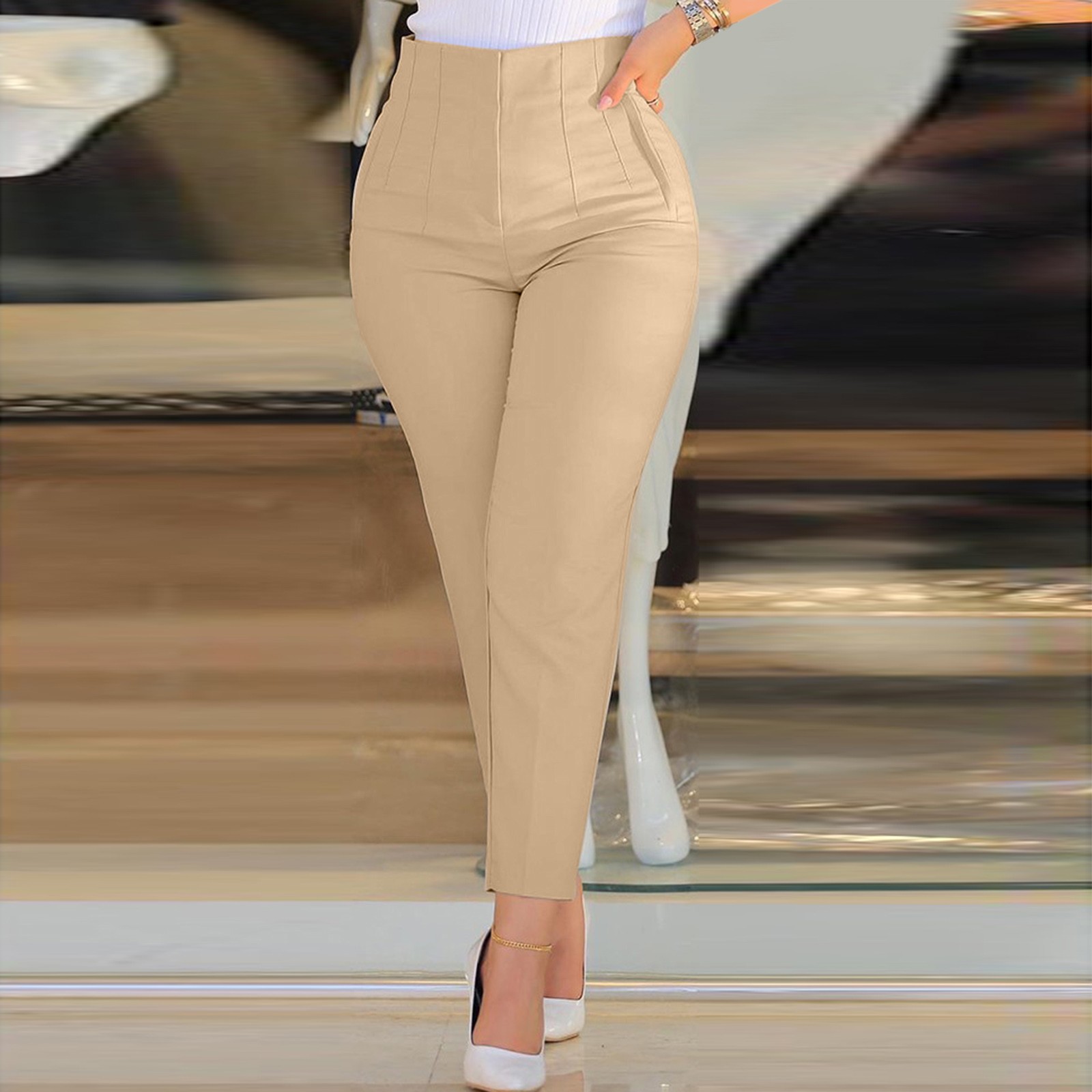 thumbnail image 3 of Pantalones cortos de trabajo de cintura alta para mujer: pantalones lisos con cremallera, cintura elástica, pierna ancha, algodón y lino, bolsillos laterales, ropa informal para la oficina., 3 of 8